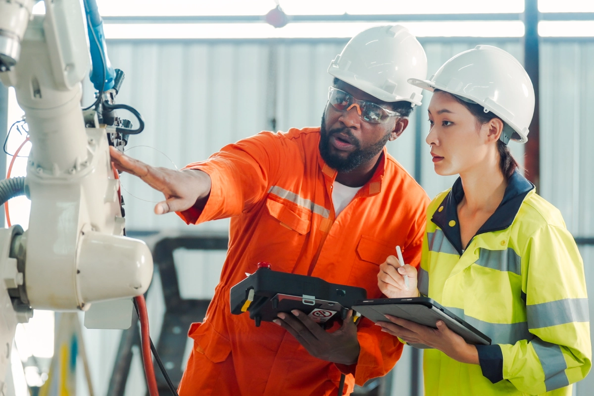 A man and woman in hard hats looking at something on a clipboard.