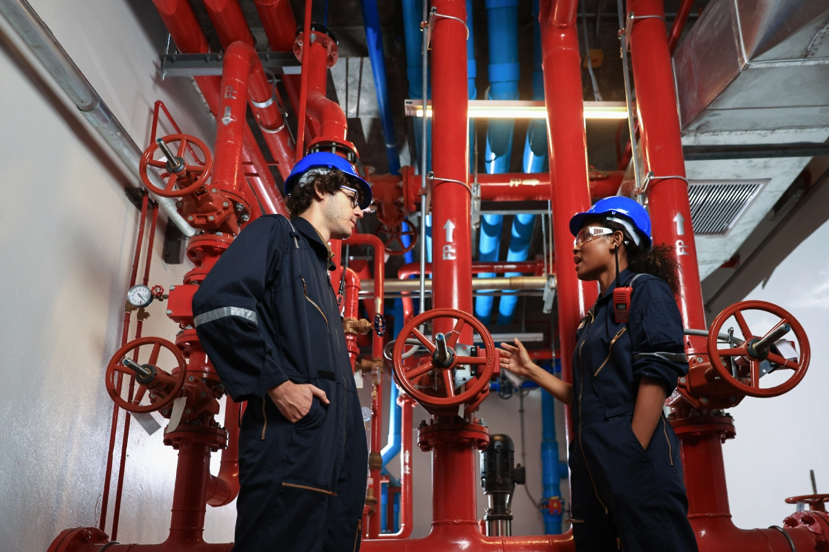 Two men in blue hard hats talking inside a building.