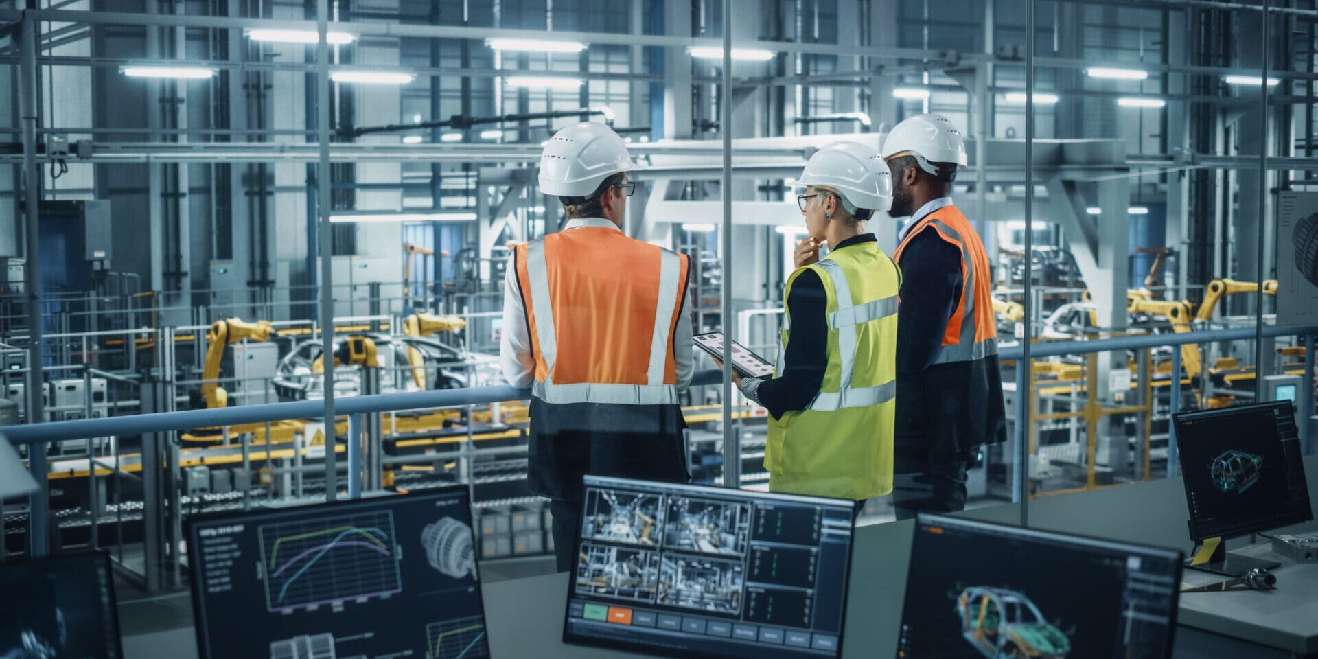 Three people in hard hats and vests are standing around a factory.